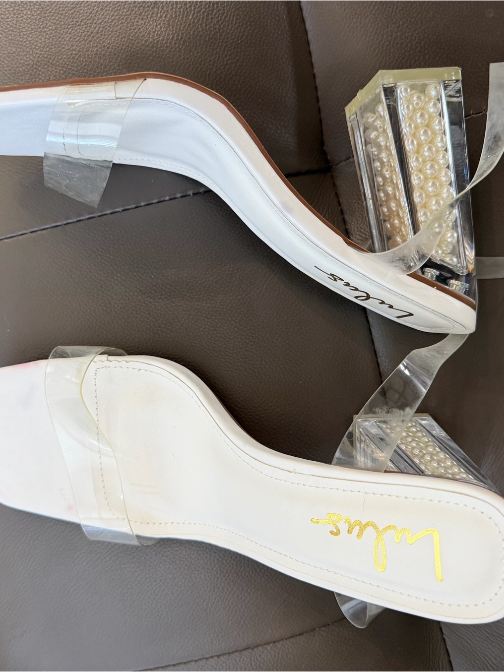 Lulu's White Clear-Strap Block Heel Sandals with Pearl-Embedded Heel - Picture 3 of 3